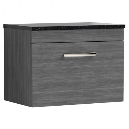 Athena Anthracite Woodgrain 600mm (w) x 452mm (h) x 390mm (d) Single Drawer Wall Hung Vanity With Sparkling Black Worktop
