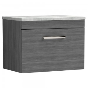 Athena Anthracite Woodgrain 600mm (w) x 452mm (h) x 390mm (d) Single Drawer Wall Hung Vanity With Grey Worktop