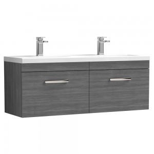 Athena Anthracite Woodgrain 1200mm 2 Drawer Wall Hung Cabinet With Double Ceramic Basin