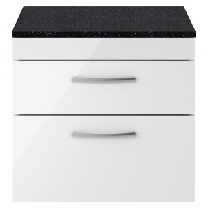 Athena Gloss White 600mm (w) x 561mm (h) x 390mm (d) 2 Drawer Wall Hung Vanity With Sparkling Black Worktop
