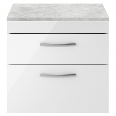 Athena Gloss White 600mm  (w) x 561mm (h) x 390mm (d)2 Drawer Wall Hung Vanity With Grey Worktop