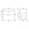 Athena Gloss White 600mm  (w) x 561mm (h) x 390mm (d)2 Drawer Wall Hung Vanity With Grey Worktop - Technical Drawing