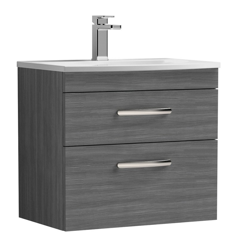 Athena Anthracite Woodgrain 600mm (w) x 569mm (w) x 440mm (d) 2 Drawer Wall Hung Vanity With Curved Basin
