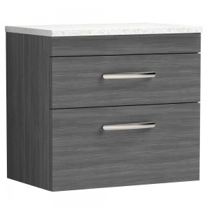 Athena Anthracite Woodgrain 600mm (w) x 561mm (h) x 390mm (d) 2 Drawer Wall Hung Vanity With Sparkling White Worktop