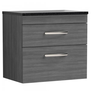 Athena Anthracite Woodgrain 600mm (w) x 561mm (h) x 390mm (d) 2 Drawer Wall Hung Vanity With Sparkling Black Worktop