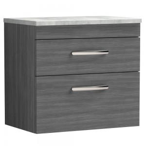 Athena Anthracite Woodgrain 600mm (w) x 561mm (h) x 390mm (d) 2 Drawer Wall Hung Vanity With Grey Worktop