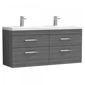 Athena Anthracite Woodgrain 1200mm 4 Drawer Wall Hung Cabinet With Double Ceramic Basin