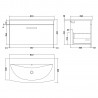 Athena Gloss White 800mm (w) x 461mm (h) x 440mm (d) Single Drawer Wall Hung Vanity With Curved Basin - Technical Drawing