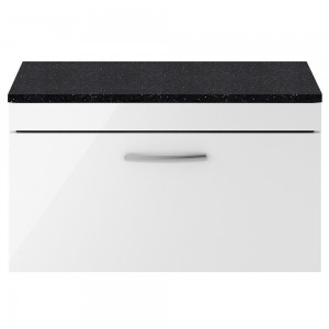 Athena Gloss White 800mm (w) x 452mm (h) x 390mm (d) Single Drawer Wall Hung Vanity With Sparkling Black Worktop