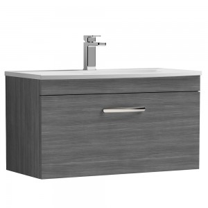 Athena Anthracite Woodgrain 800mm (w) x 461mm (h) x 440mm (d) Single Drawer Wall Hung Vanity With Curved Basin