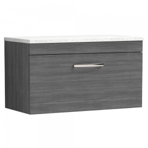 Athena Anthracite Woodgrain 800mm (w) x 452mm (h) x 390mm (d) Single Drawer Wall Hung Vanity With Sparkling White Worktop