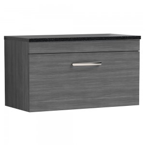Athena Anthracite Woodgrain 800mm (w) x 452mm (h) x 390mm (d) Single Drawer Wall Hung Vanity With Sparkling Black Worktop