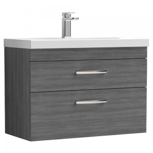 Athena Anthracite Woodgrain 800mm (w) x 589mm (h) x 390mm (d) 2 Drawers Wall Hung Vanity With Thin-Edge Basin