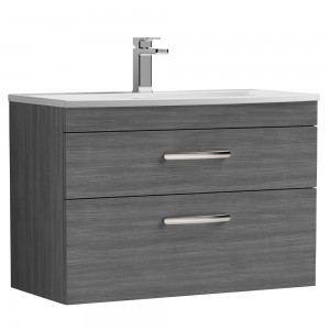 Athena Anthracite Woodgrain 800mm (w) x 569mm (h) x 440mm (d) 2 Drawer Wall Hung Vanity With Curved Basin