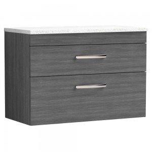 Athena Anthracite Woodgrain 800mm (w) x 561mm (h) x 390mm (d) 2 Drawer Wall Hung Vanity With Sparkling White Worktop