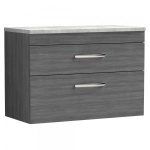 Athena Anthracite Woodgrain 800mm x 561mm (h) x 390mm (d) 2 Drawer Wall Hung Vanity With Grey Worktop