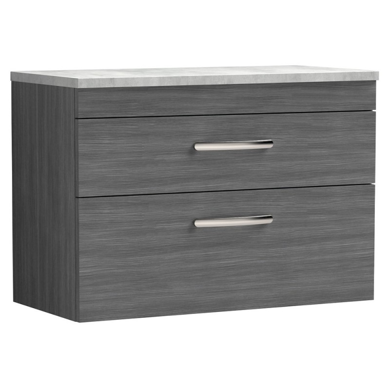Athena Anthracite Woodgrain 800mm x 561mm (h) x 390mm (d) 2 Drawer Wall Hung Vanity With Grey Worktop