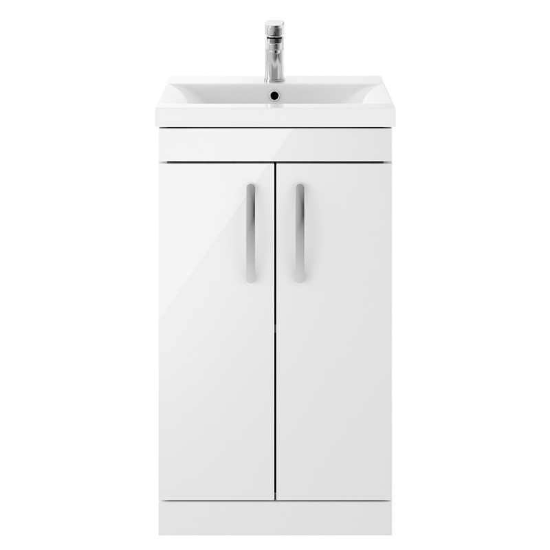 Athena Gloss White 500mm (w) x 905mm (h) x 390mm (d) 2 Doors Floor Standing Cabinet & Mid-Edge Basin