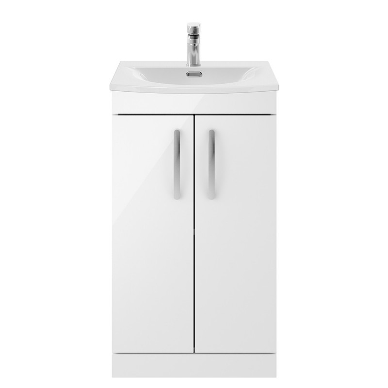 Athena Gloss White 500mm (w) x 895mm (d) x 440mm (d) 2 Door Floor Standing Vanity With Curved Basin