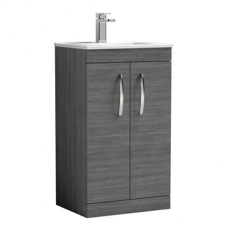 Athena Anthracite Woodgrain 500mm (w) x 883mm (h) x 395mm (d) 2 Doors Floor Standing Cabinet & Minimalist Basin