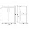 Athena Gloss White 600mm (w) x 883mm (h) x 395mm (d) Floor Standing Cabinet & Minimalist Basin - Technical Drawing