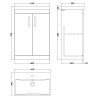 Athena White 600mm (w) x 915mm (h) x 390mm (d) 2 Doors Floor Standing Vanity With Thin-Edge Basin - Technical Drawing