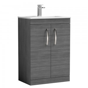 Athena Anthracite Woodgrain 600mm (w) x 883mm (h) x 395mm (d) Floor Standing Cabinet & Minimalist Basin