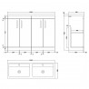Athena Anthracite Woodgrain 1200mm 4 Door Floor Standing Cabinet With Double Ceramic Basin - Technical Drawing