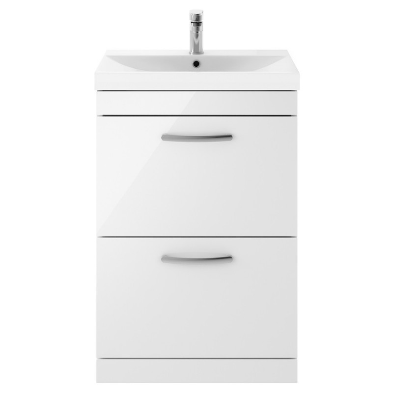 Athena Gloss White 600mm (w) x 915mm (h) x 390mm (d) 2 Drawers Floor Standing Vanity With Thin-Edge Basin