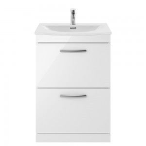 Athena White 600mm (w) x 895mm (h) x 440mm (d) 2 Drawer Floor Standing Vanity With Curved Basin