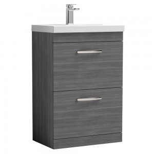 Athena Anthracite Woodgrain 600mm (w) x 915mm (h) x 390mm (d) 2 Drawers Floor Standing Vanity With Thin-Edge Basin