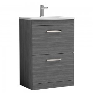 Athena Anthracite Woodgrain 600mm (w) x 895mm (h) x 440mm (d) 2 Drawer Floor Standing Vanity With Curved Basin