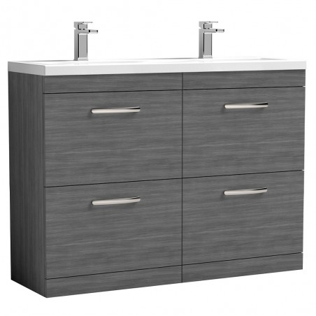 Athena Anthracite Woodgrain 1200mm 4 Drawer Floor Standing Cabinet With Double Ceramic Basin