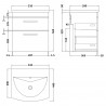 Athena Gloss Grey 500mm (w) x 569mm (h) x 440mm (d) 2 Drawer Wall Hung Cabinet With Curved Basin - Technical Drawing