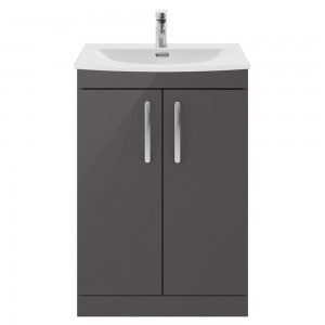 Athena Gloss Grey 600mm (w) x 895mm (h) x 440mm (d) 2 Door Floor Standing Cabinet With Curved Basin