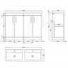 Athena Gloss Grey 1200mm 4 Door Floor Standing Cabinet With Double Ceramic Basin - Technical Drawing