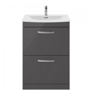 Athena Gloss Grey 600mm (w) x 895mm (h) x 440mm (d) 2 Drawer Floor Standing Cabinet With Curved Basin