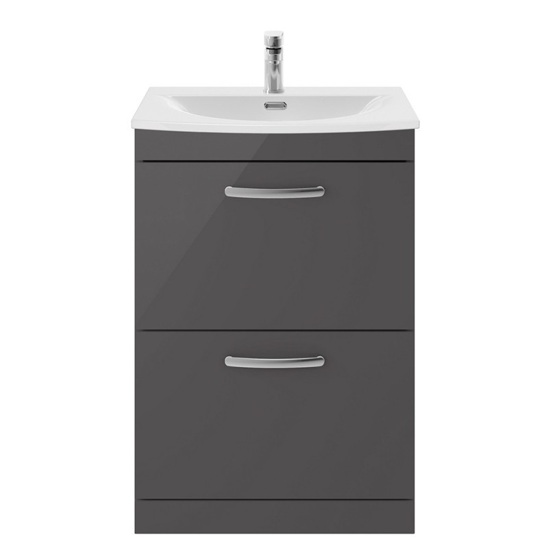 Athena Gloss Grey 600mm (w) x 895mm (h) x 440mm (d) 2 Drawer Floor Standing Cabinet With Curved Basin