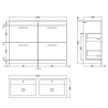 Athena Gloss Grey 1200mm 4 Drawer Floor Standing Cabinet With Double Ceramic Basin - Technical Drawing