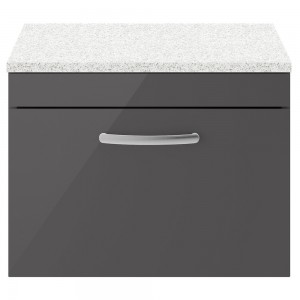 Athena Gloss Grey 600mm (w) x 452mm (h) x 390mm (d) Single Drawer Wall Hung Cabinet With Sparkling White Worktop
