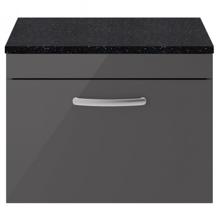 Athena Gloss Grey 600mm (w) x 452mm (h) x 390mm (d) Single Drawer Wall Hung Cabinet With Sparkling Black Worktop