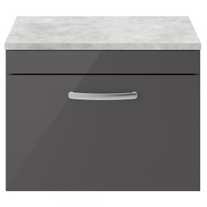 Athena Gloss Grey 600mm (w) x 452mm (h) x 390mm (d) Single Drawer Wall Hung Cabinet With Grey Worktop