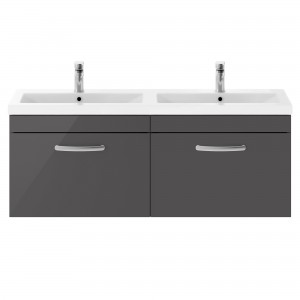Athena Gloss Grey 1200mm 2 Drawer Wall Hung Cabinet With Double Ceramic Basin