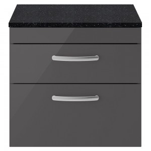 Athena Gloss Grey 600mm (w) x 561mm (h) x 390mm (d) 2 Drawer Wall Hung Cabinet With Sparkling Black Worktop
