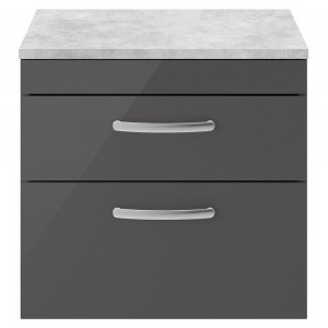 Athena Gloss Grey 600mm (w) x 560mm (h) x 390mm (d) 2 Drawer Wall Hung Cabinet With Grey Worktop