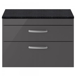 Athena Gloss Grey 800mm (w) x 561mm (h) x 390mm (d) 2 Drawer Wall Hung Cabinet With Sparkling Black Worktop