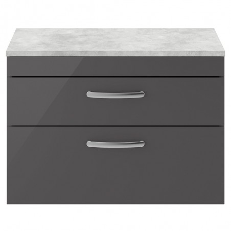 Athena Gloss Grey 800mm x 561mm (h) x 390mm (d) 2 Drawer Wall Hung Cabinet With Grey Worktop