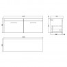 Athena 1200mm Wall Hung 2 Drawer Unit & Laminate Worktop - Gloss White/Bellato Grey - Technical Drawing
