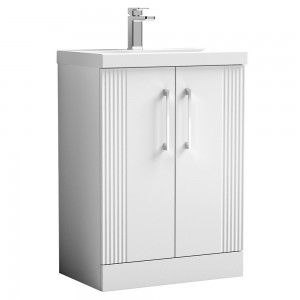 Deco Satin White 600mm Freestanding 2 Door Vanity Unit with Thin-Edge Basin