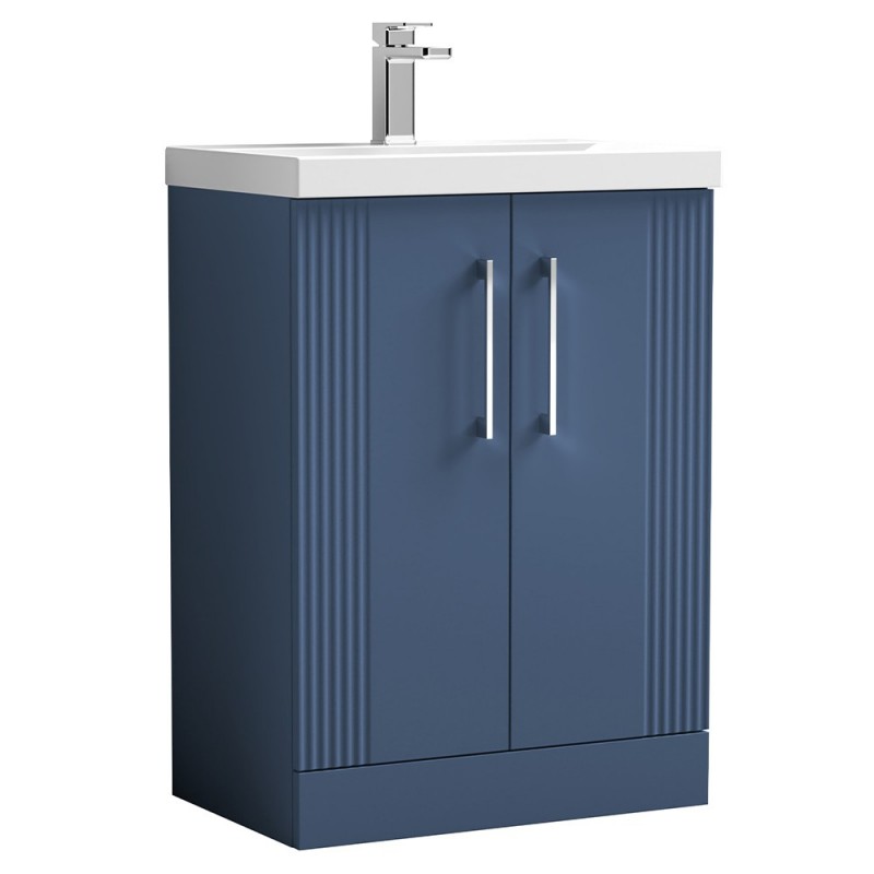 Deco Satin Blue 600mm Freestanding 2 Door Vanity Unit with Mid-Edge Basin